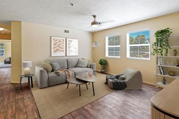A living room with a grey couch and a rug.